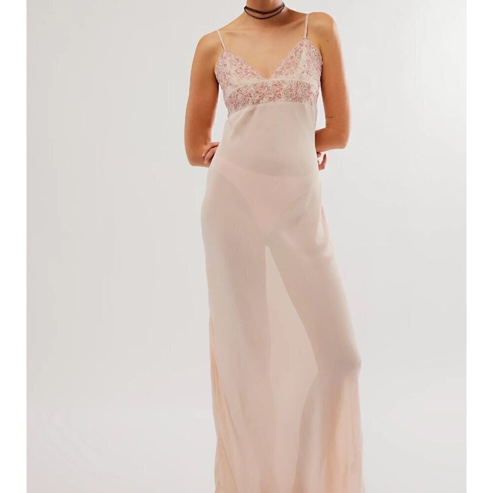 NWOT Intimately Free People Pink Beaded Midnight Magic Maxi Slip Sheer Dress XS